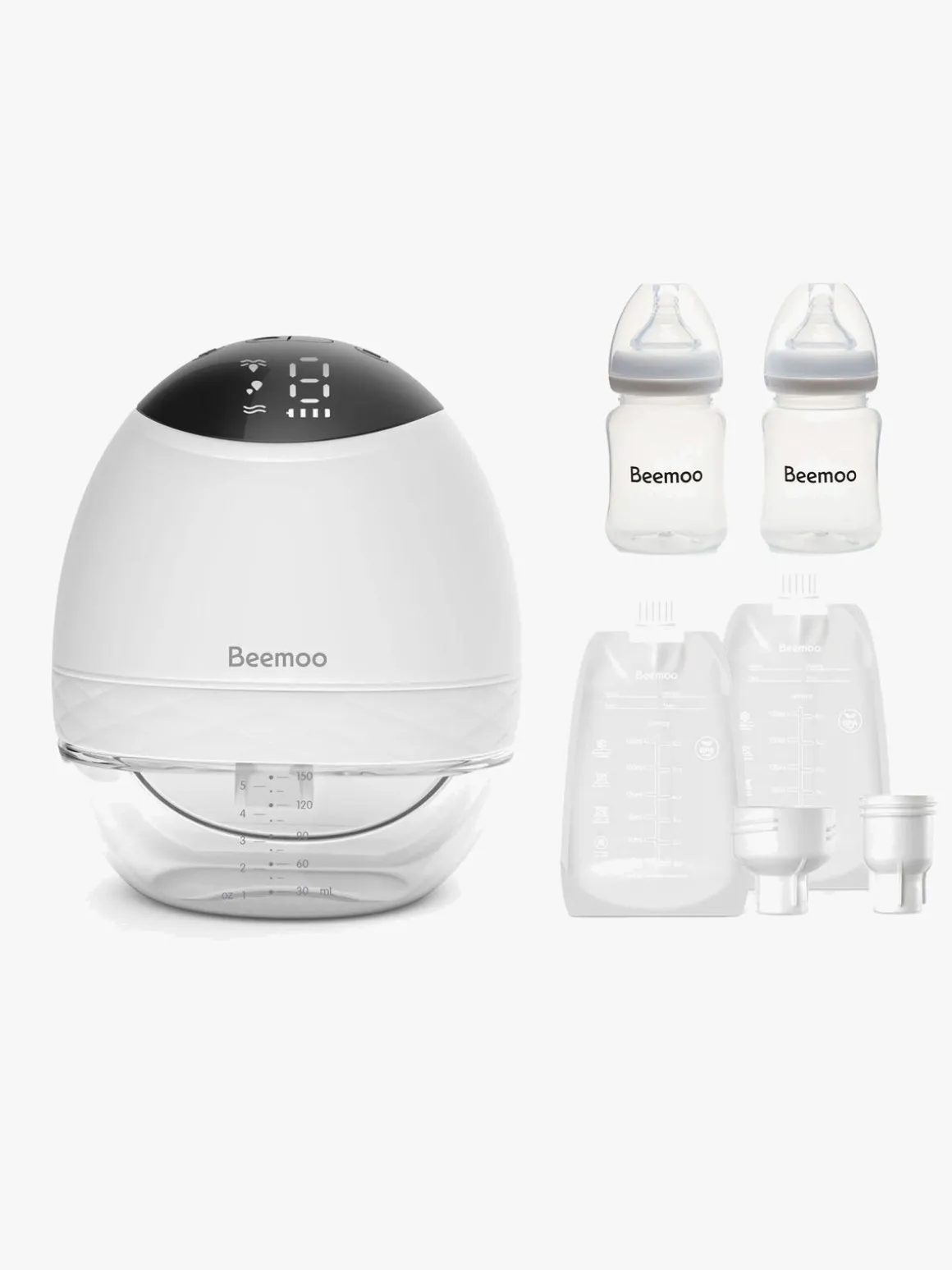 Beemoo CARE Wearable LED Elektrisk Brystpumpe Single inkl. Modermælksposer 30-pak & Flasker 2-pak
