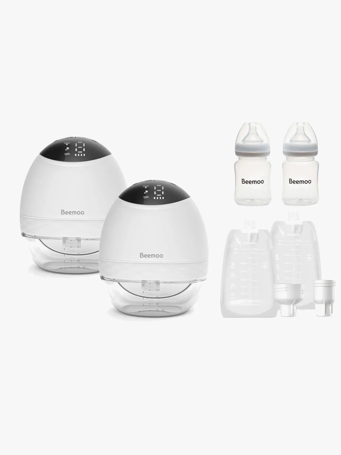 Beemoo CARE Wearable LED Elektrisk Brystpumpe Dobbelt inkl. Modermælksposer 30-pak & Flasker 2-pak