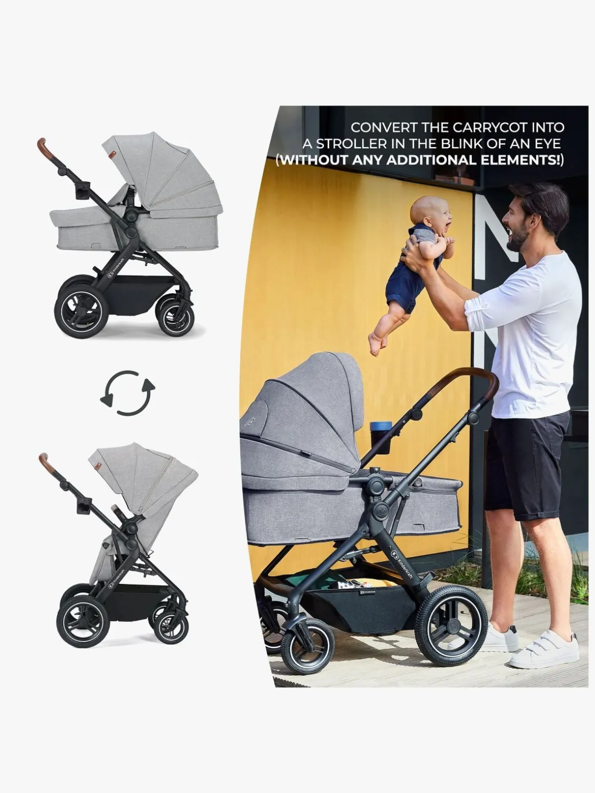 Kinderkraft Multifunctional 3-in-1 B-Tour Mink Pro Kombivogn, Light Grey