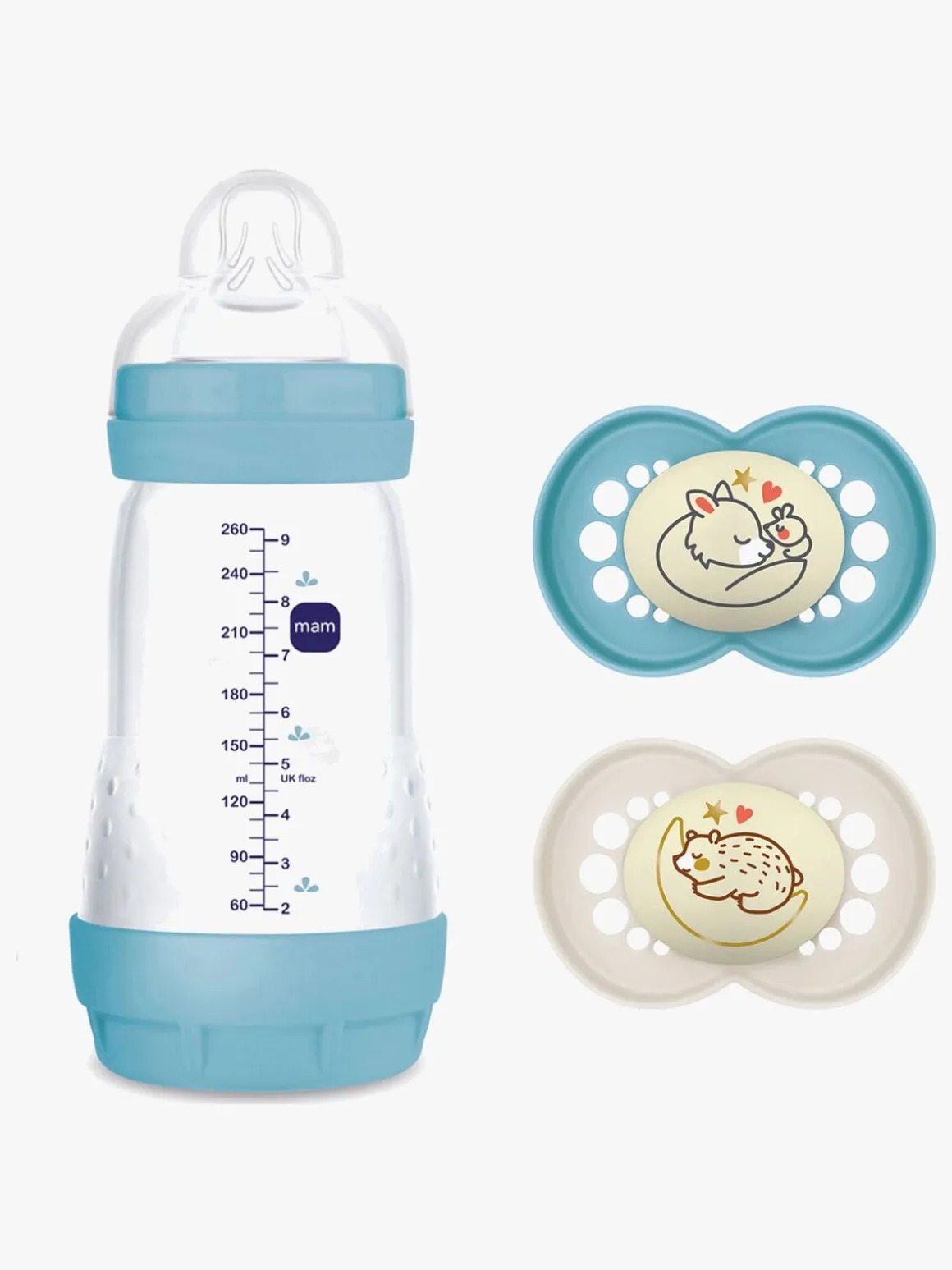MAM Original Night Silikone Sutter 2-pak & Easy Start Sutteflaske Anti-kolik 260 ml, Blå